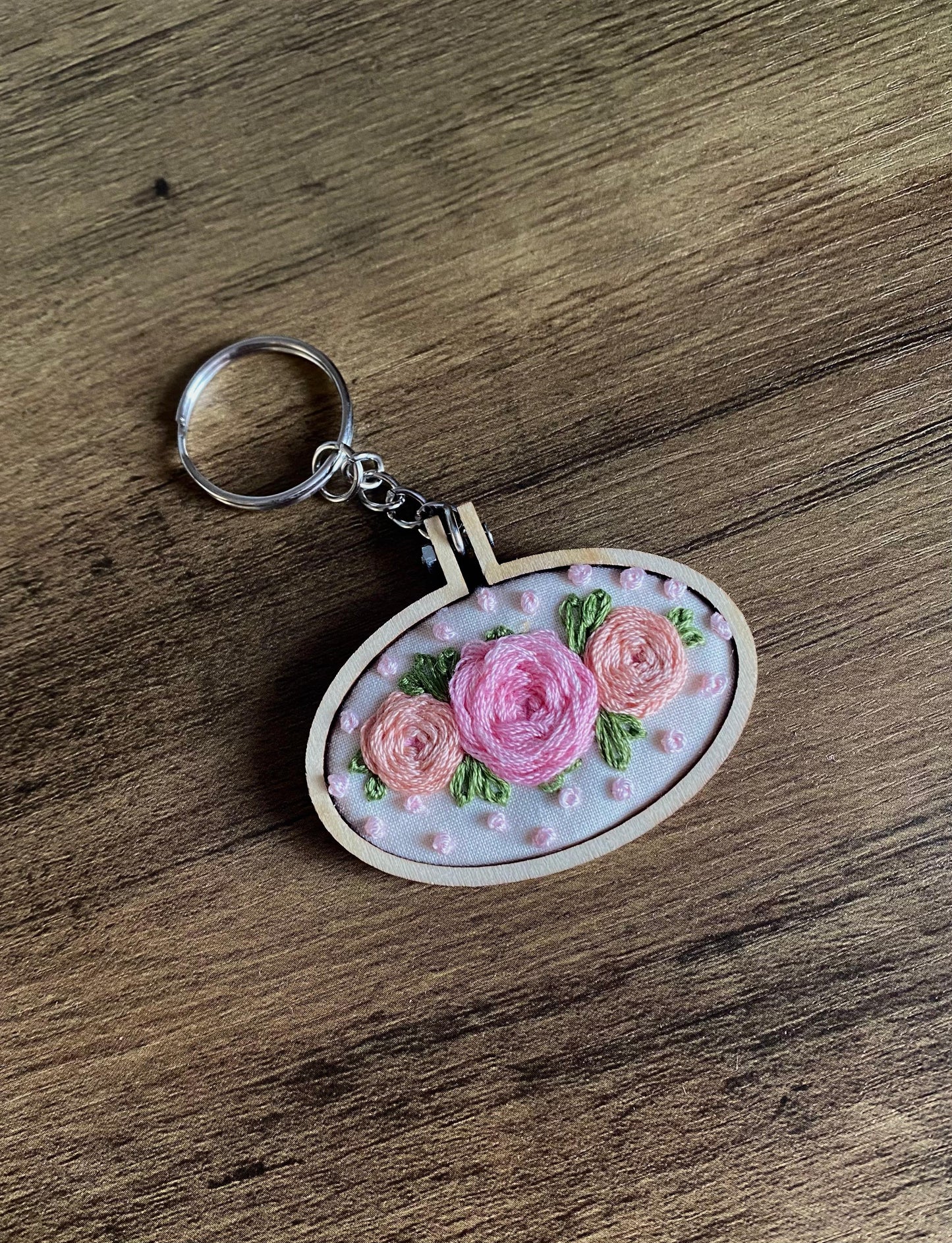 Hand Embroidered Keyring - Pink & Peach Roses