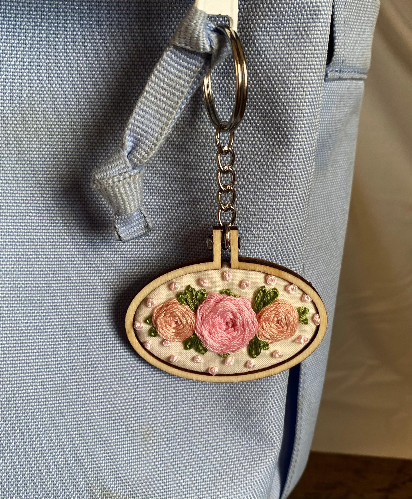 Hand Embroidered Keyring - Pink & Peach Roses