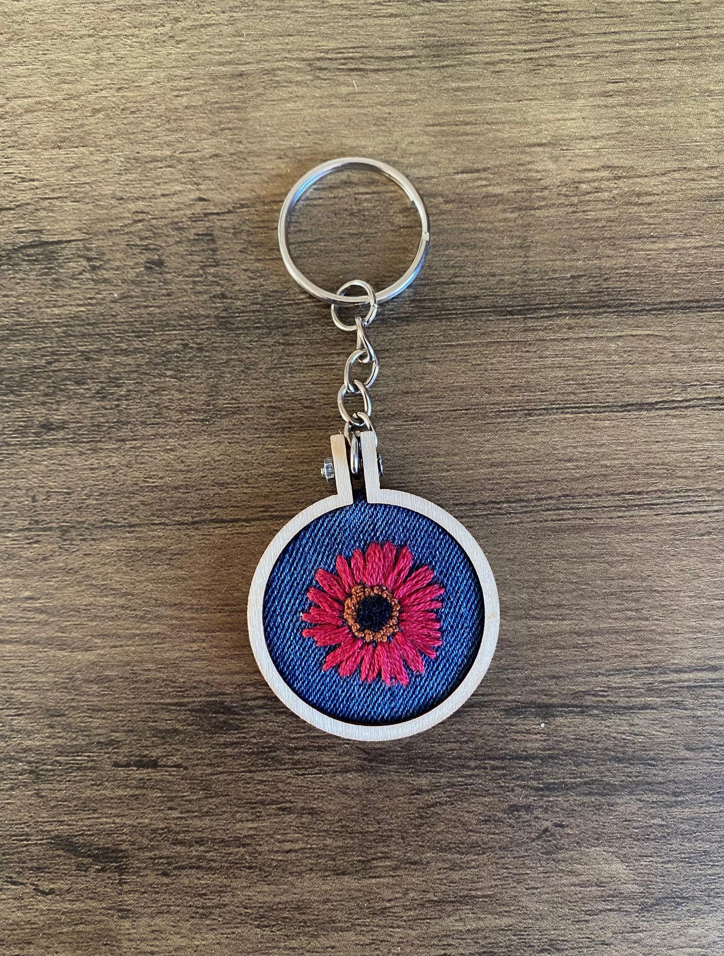 Hand Embroidered Keyring - Pink Flower