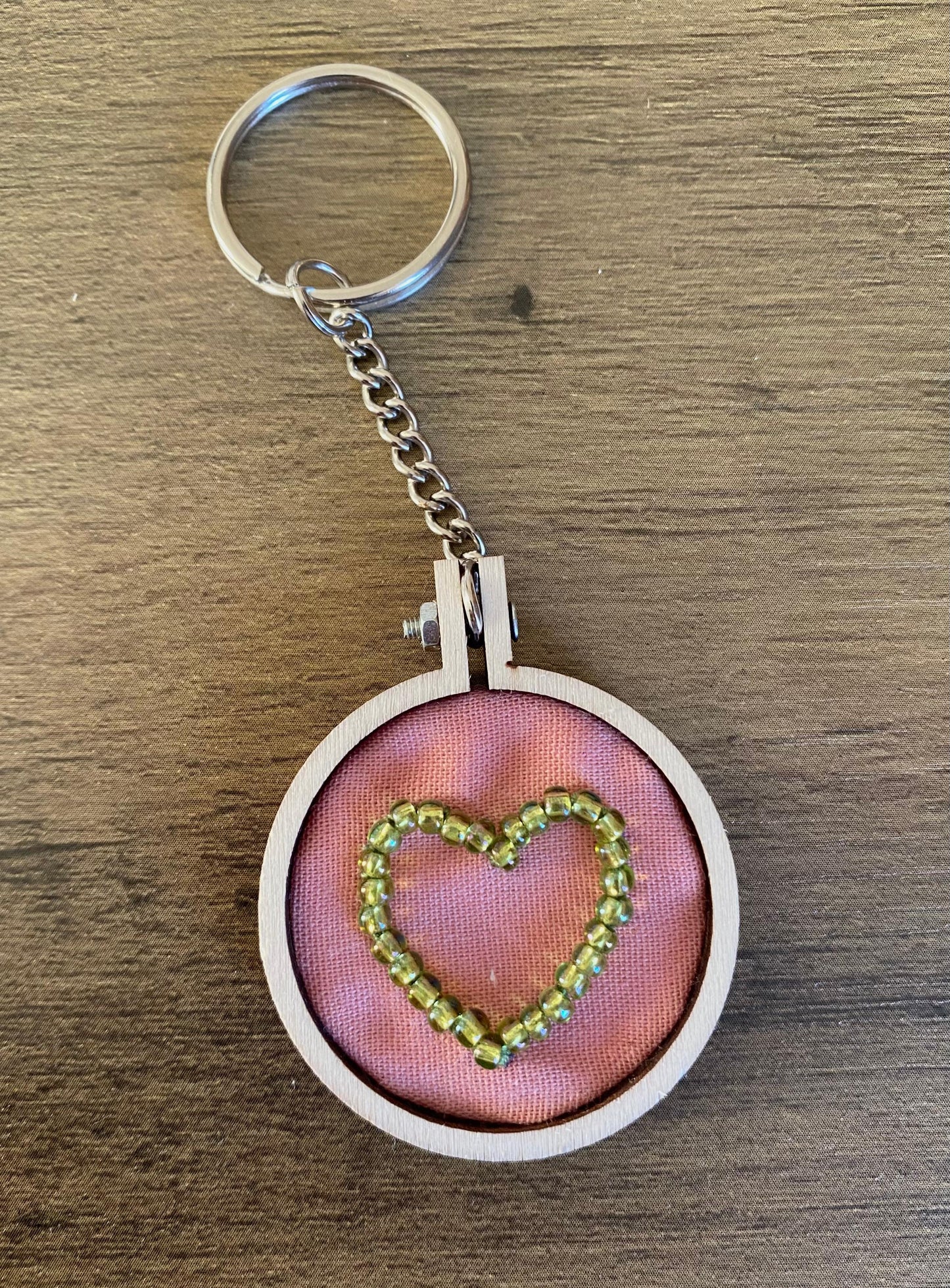 Hand Embroidered Keyring - Green Heart
