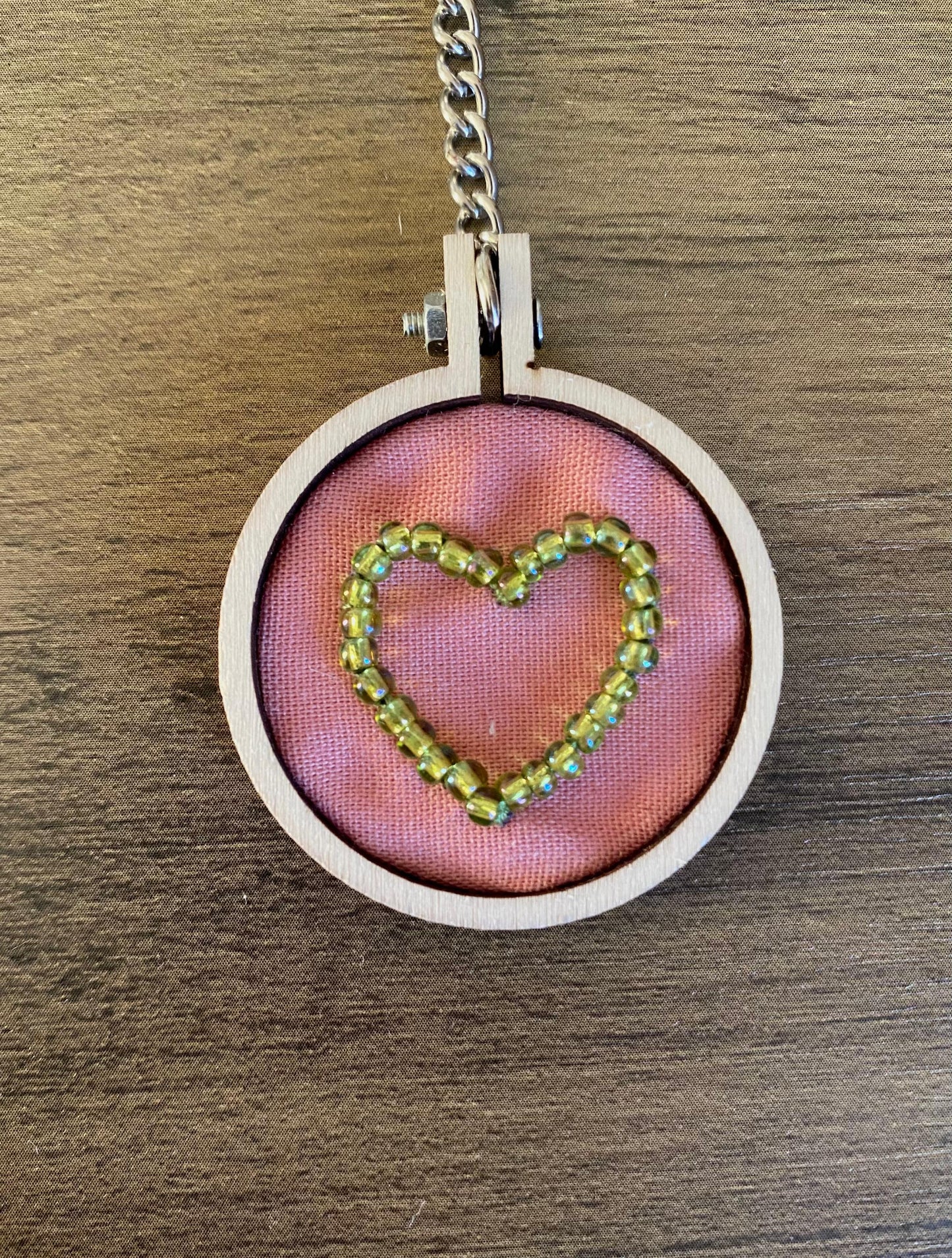 Hand Embroidered Keyring - Green Heart