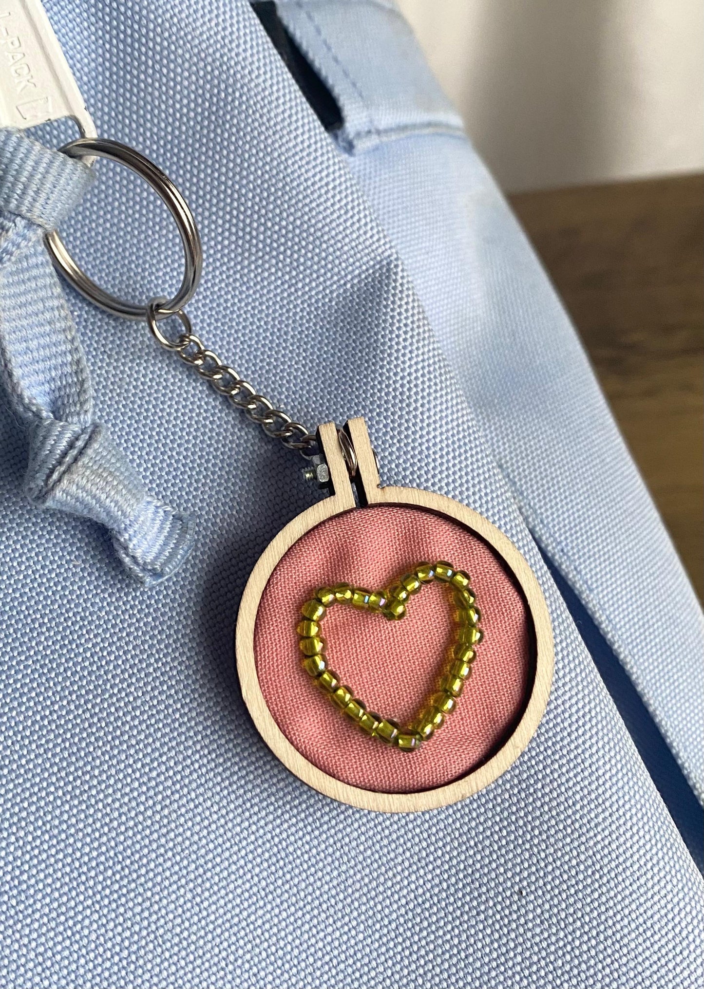 Hand Embroidered Keyring - Green Heart