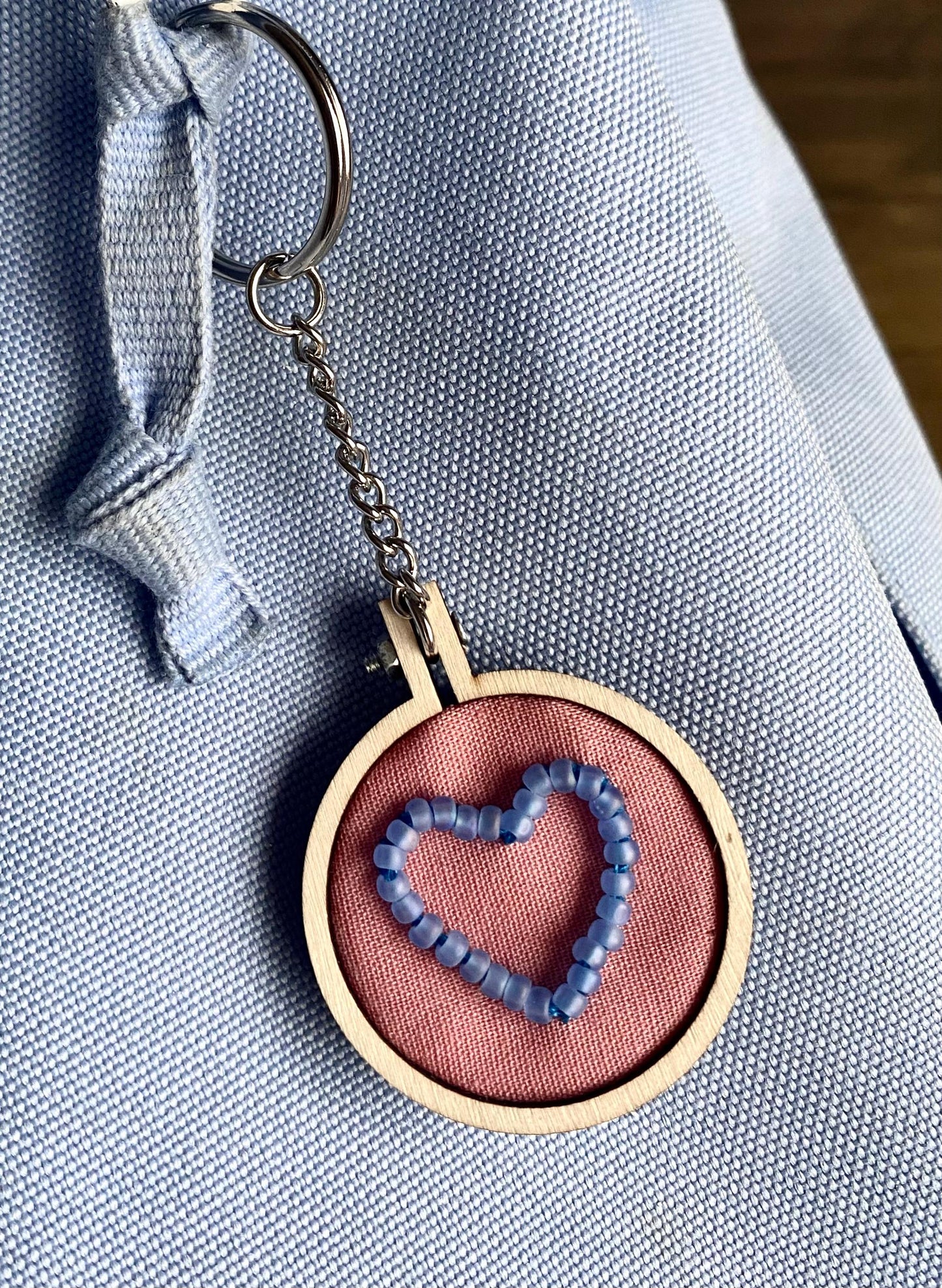 Hand Embroidered Keyring - Matte Blue Heart