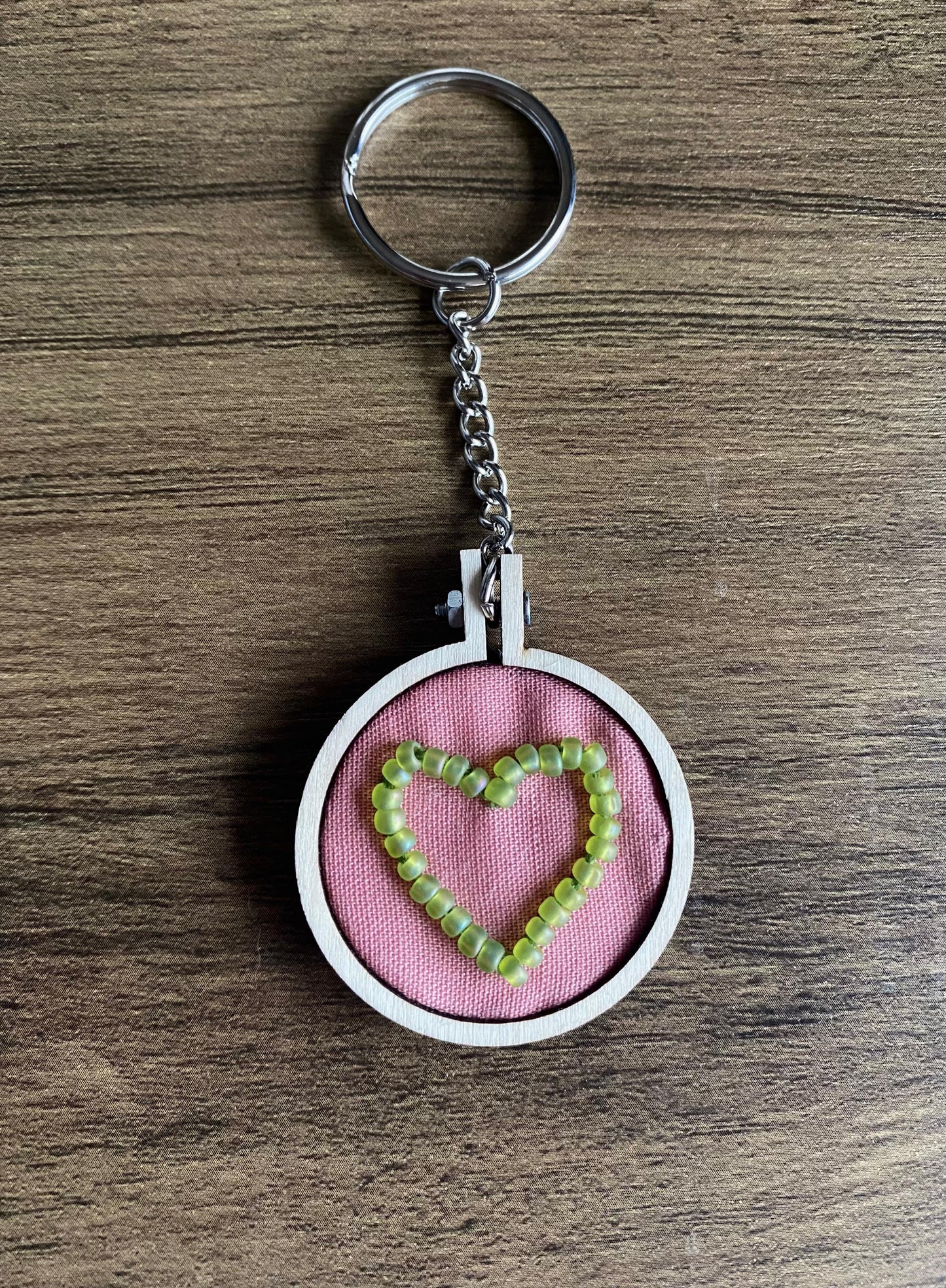 Hand Embroidered Keyring - Matte Green Heart
