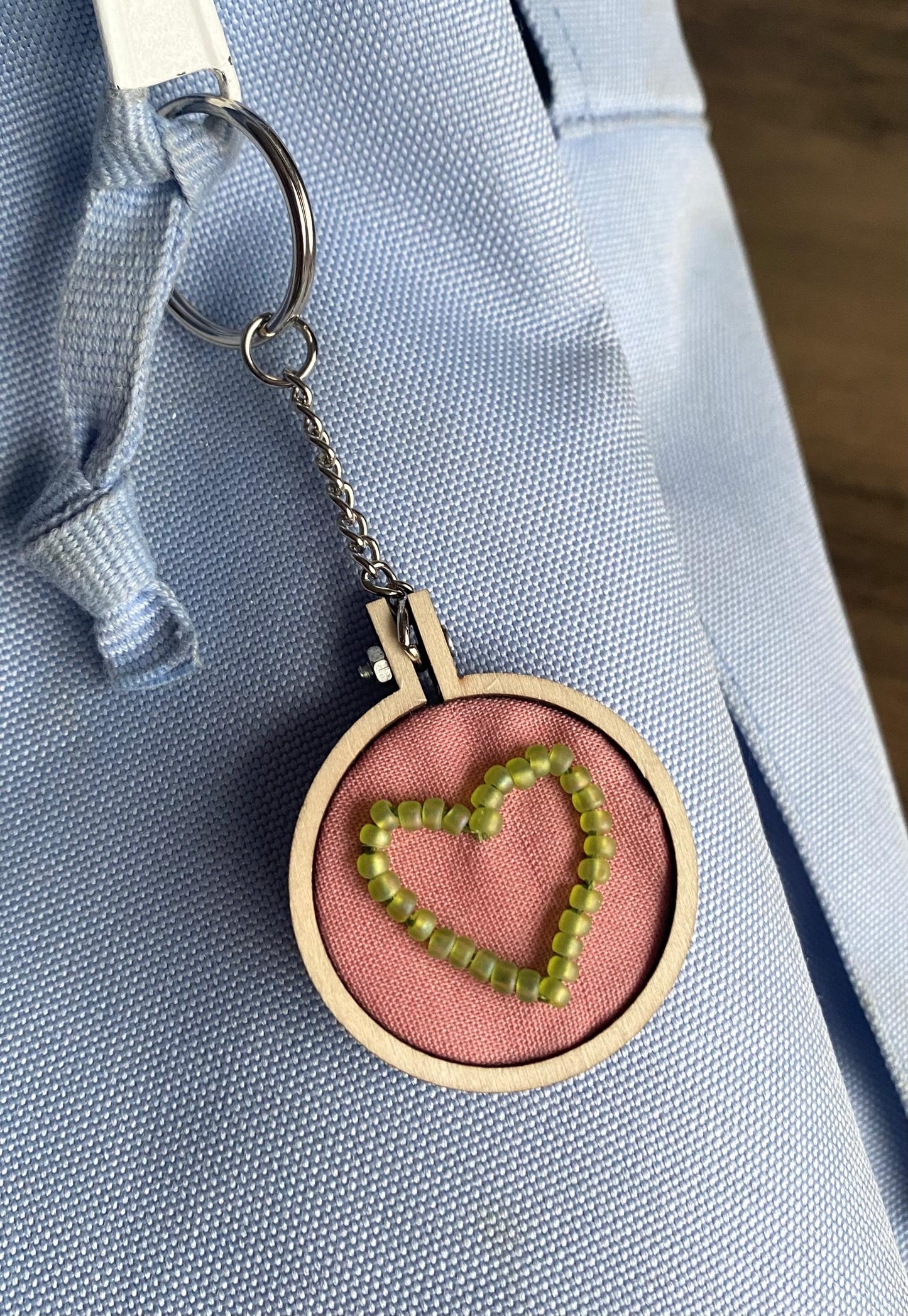 Hand Embroidered Keyring - Matte Green Heart