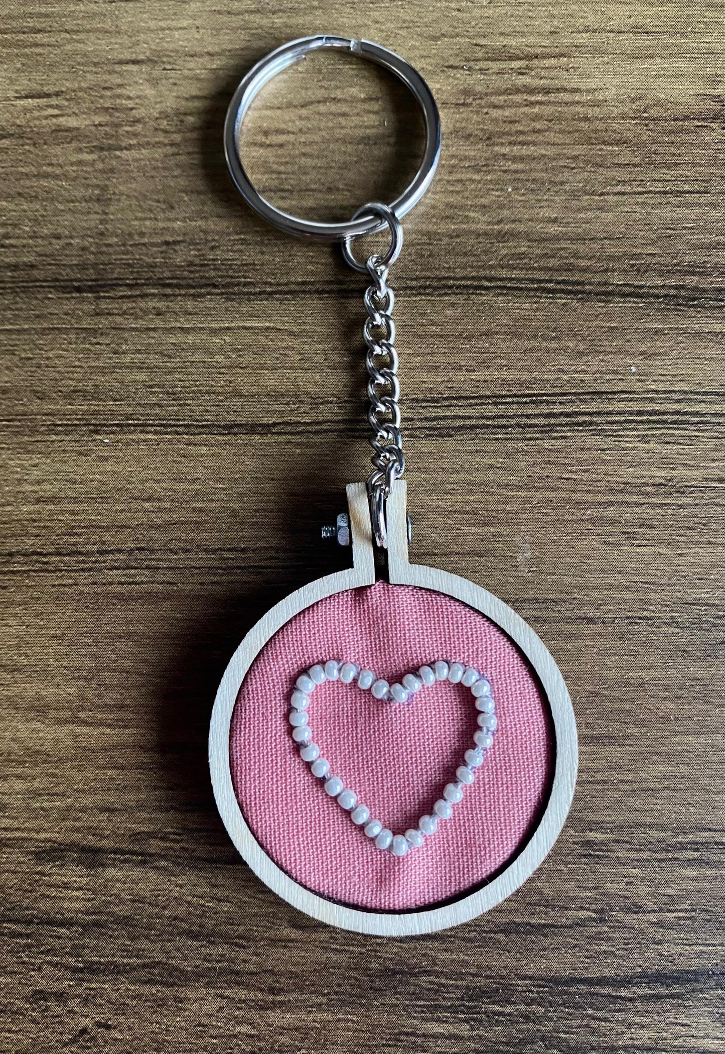 Hand Embroidered Keyring - White Heart