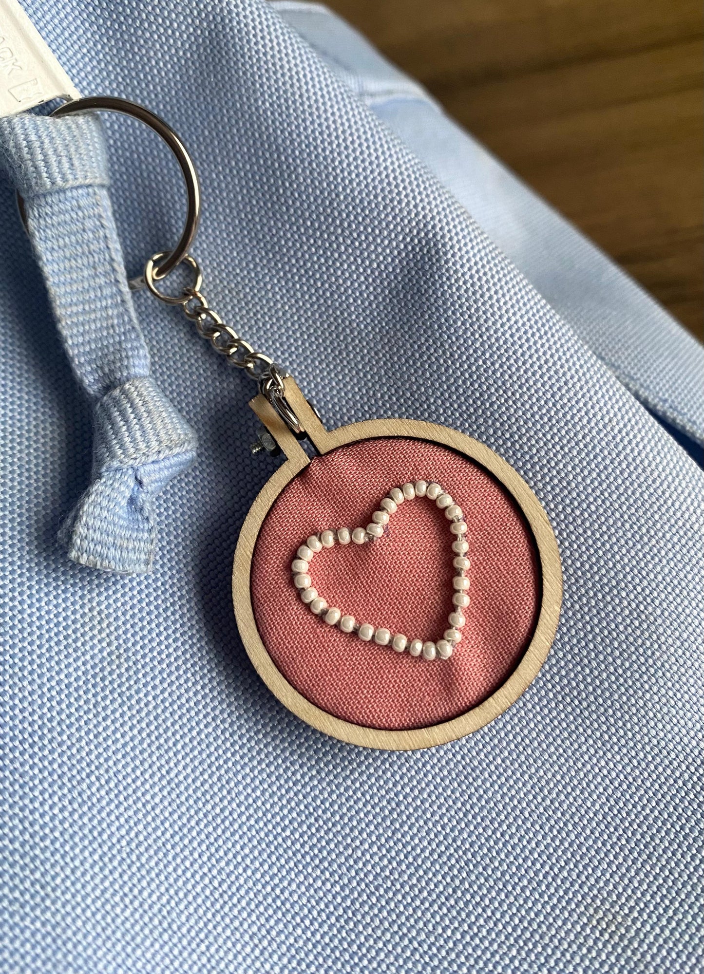 Hand Embroidered Keyring - White Heart