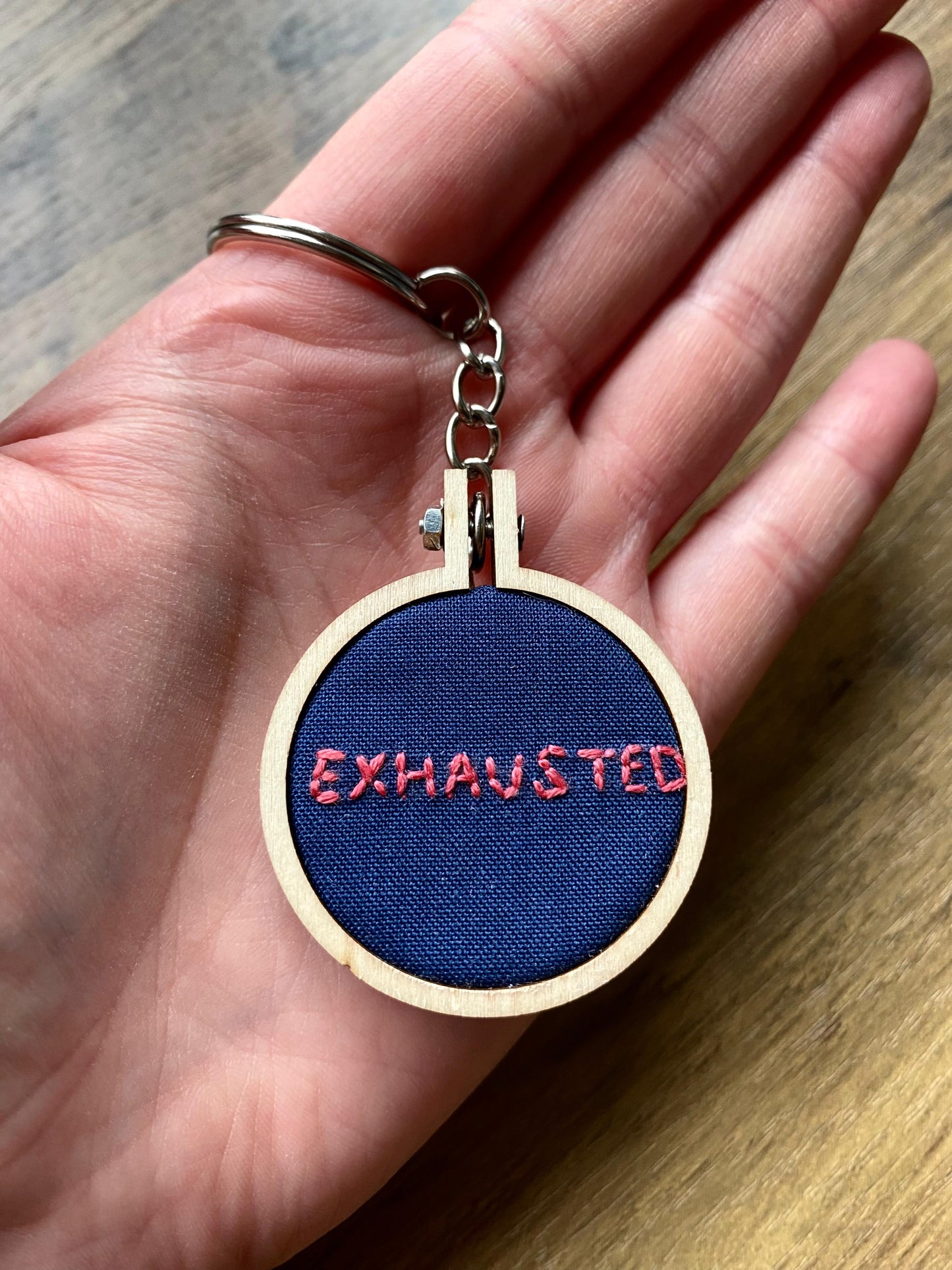 Hand Embroidered Keyring - Exhausted