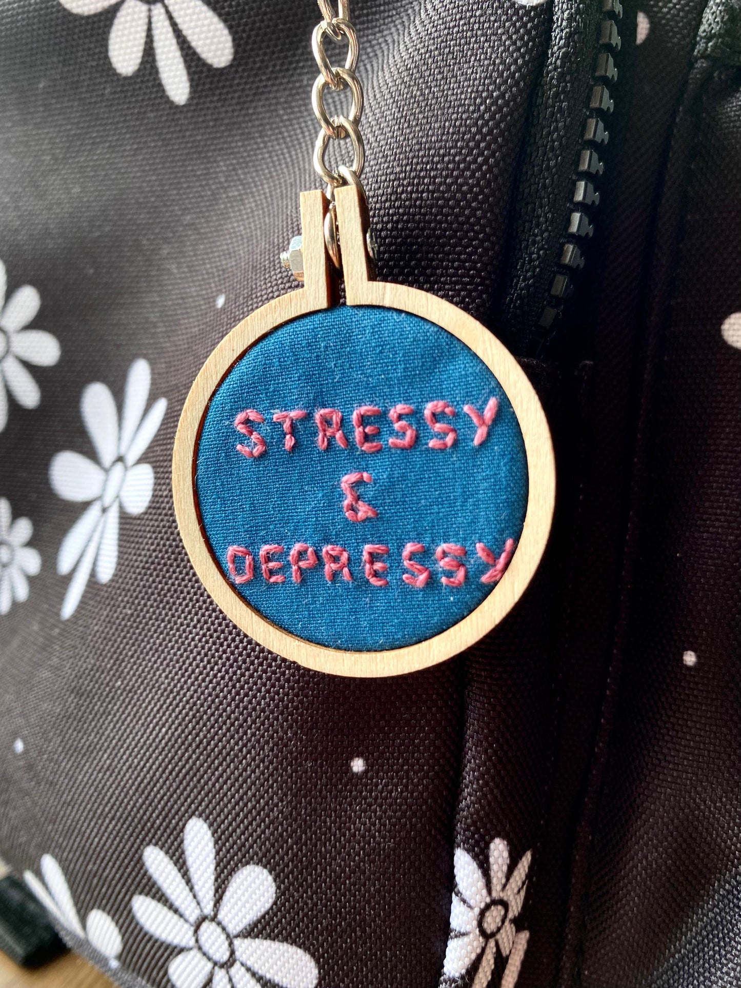 Hand Embroidered Keyring - Stressy & Depressy