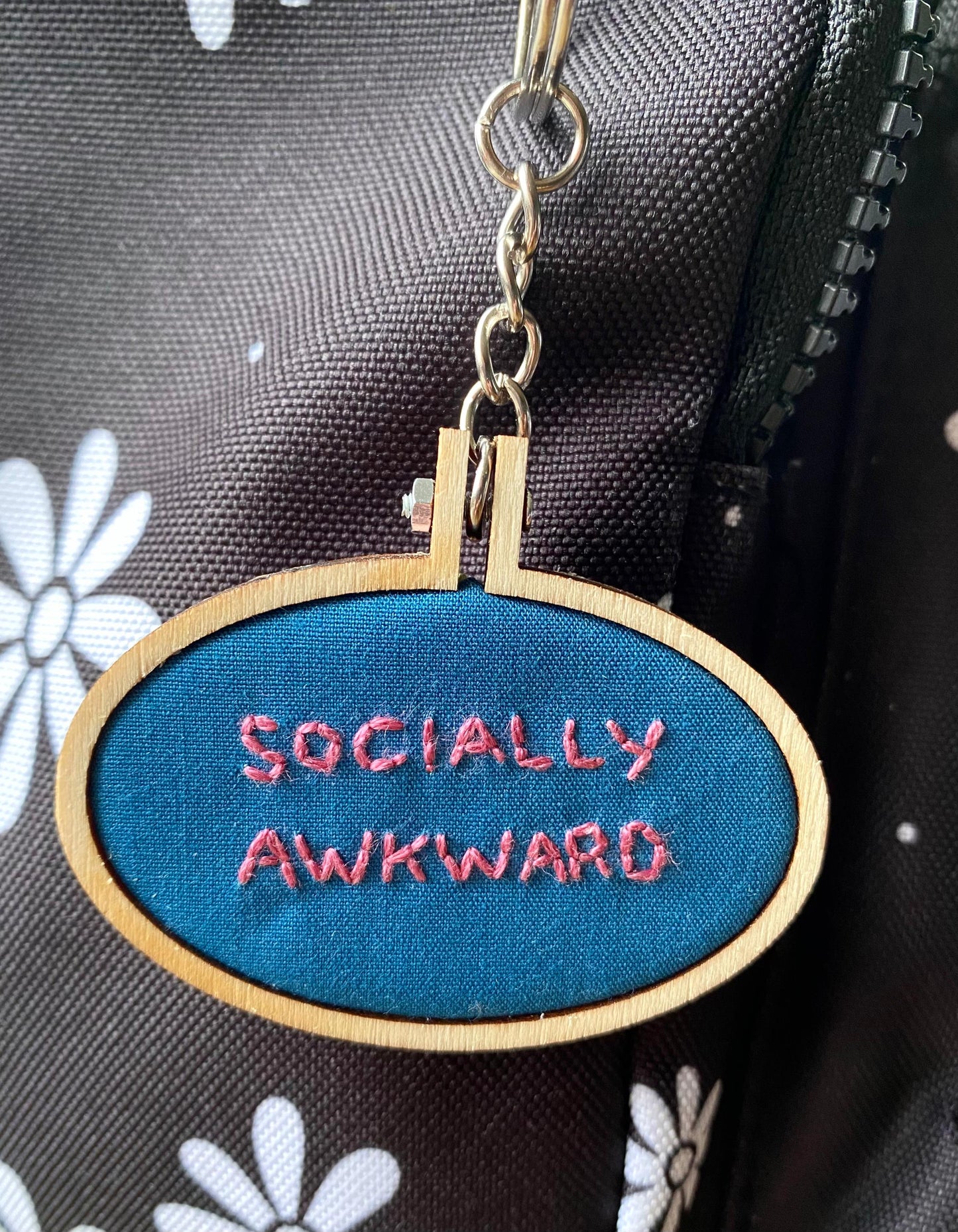 Hand Embroidered Keyring - Socially Awkward