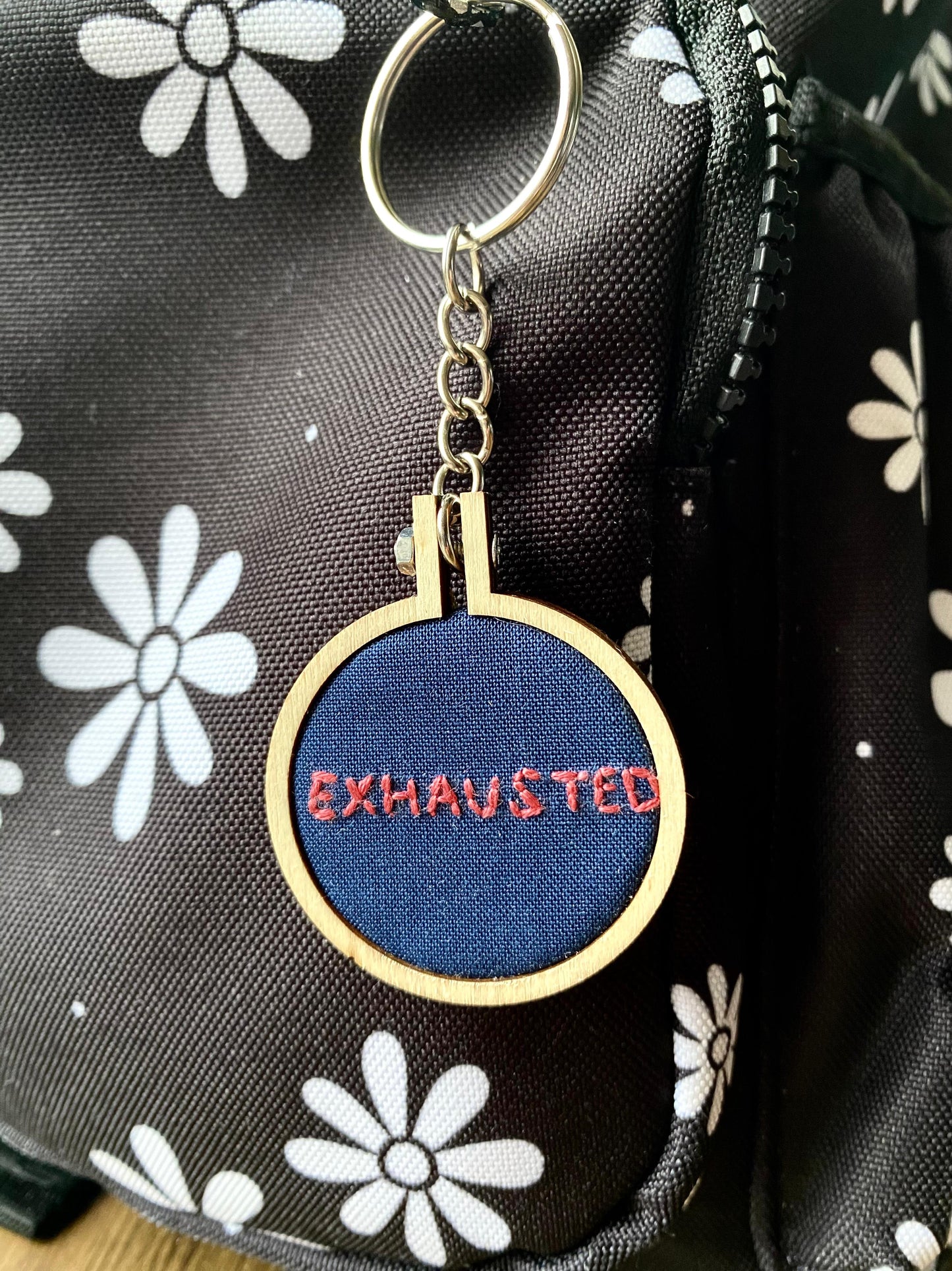 Hand Embroidered Keyring - Exhausted