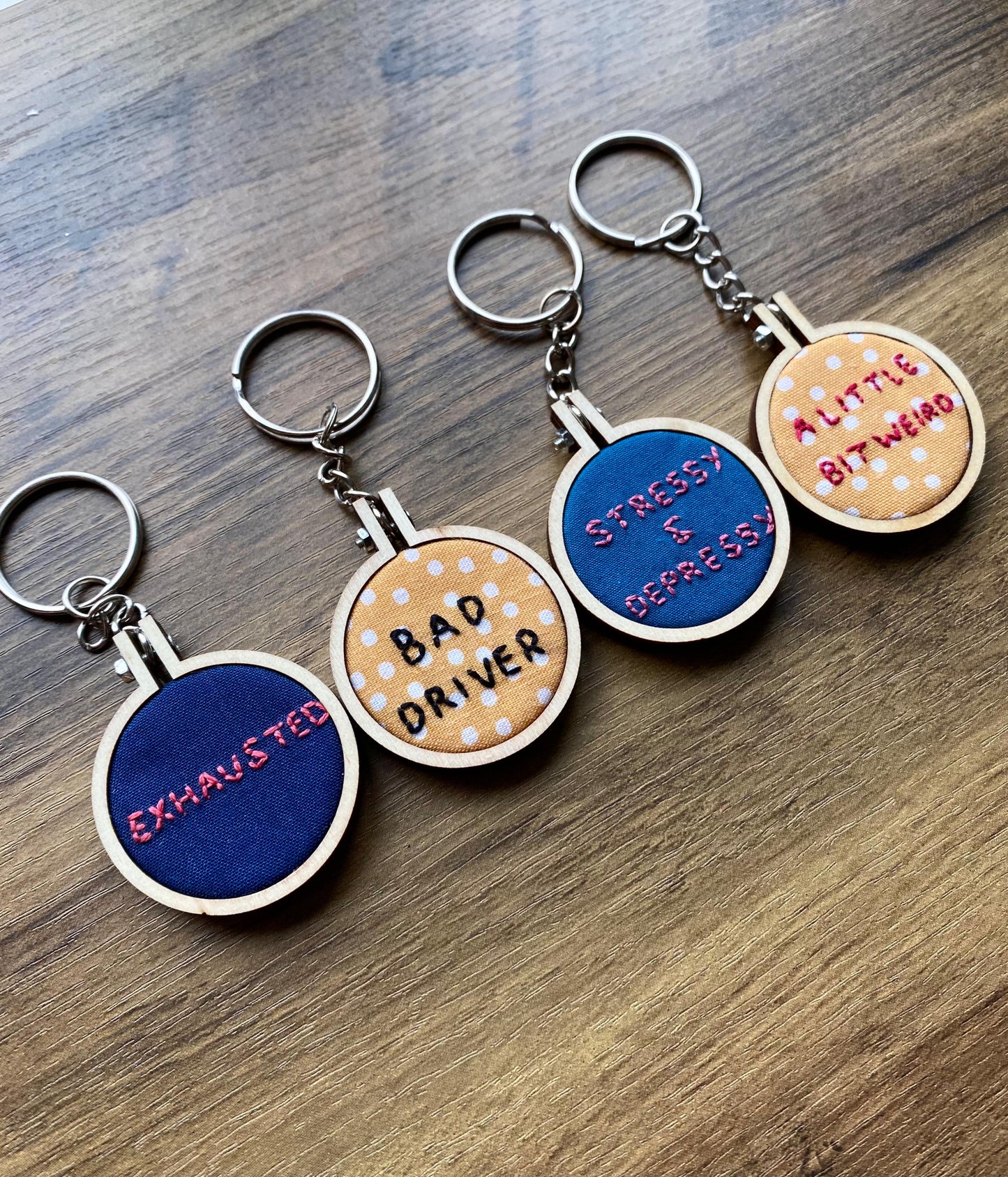 Hand Embroidered Keyring - Exhausted