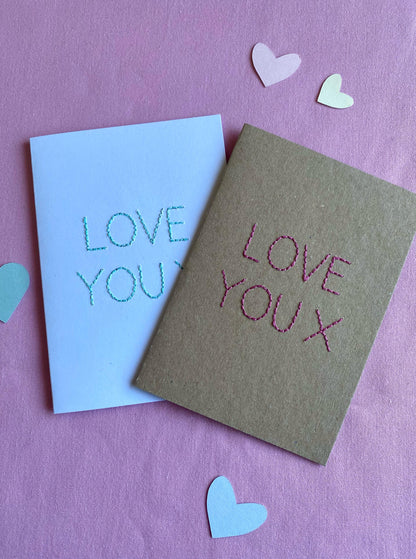 Hand Embroidered Card - Love You - Brown