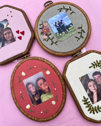 Hand Embroidered Photo Frame - Circle Shape - Pink Flowers