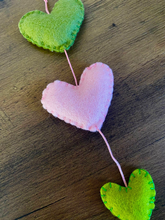 Hearts Hanging Decoration - Green & Pink