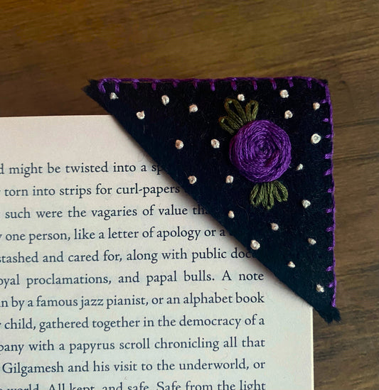 Hand Embroidered Bookmark - Black Floral