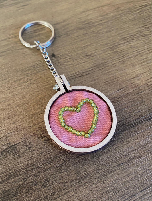 Hand Embroidered Keyring - Green Heart