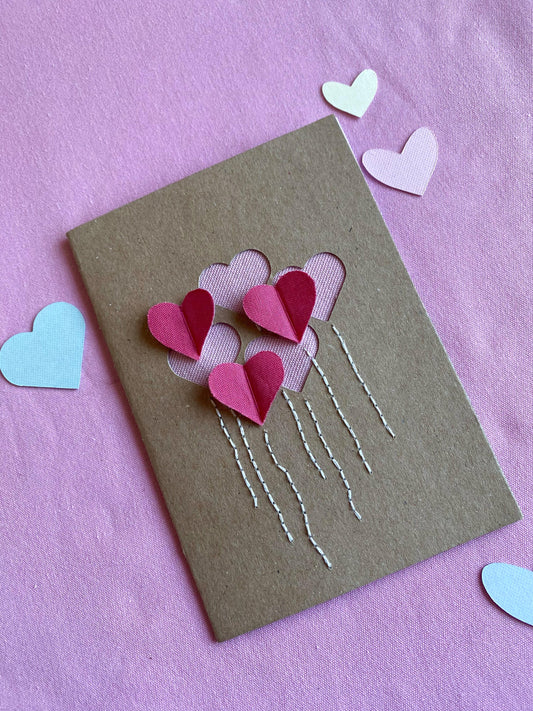 Hand Embroidered Card - Heart Balloons - Brown