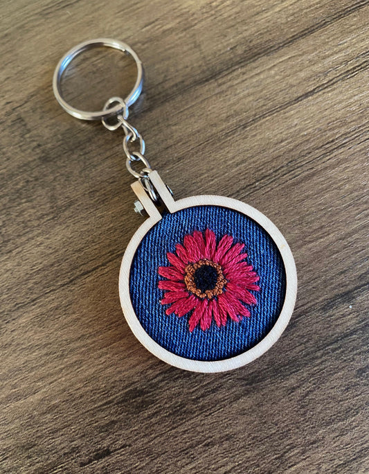 Hand Embroidered Keyring - Pink Flower