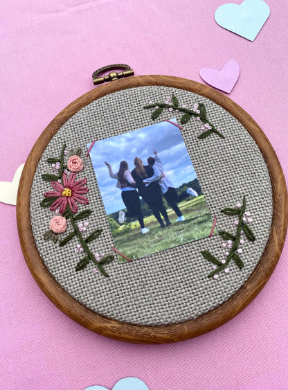 Hand Embroidered Photo Frame - Circle Shape - Pink Flowers