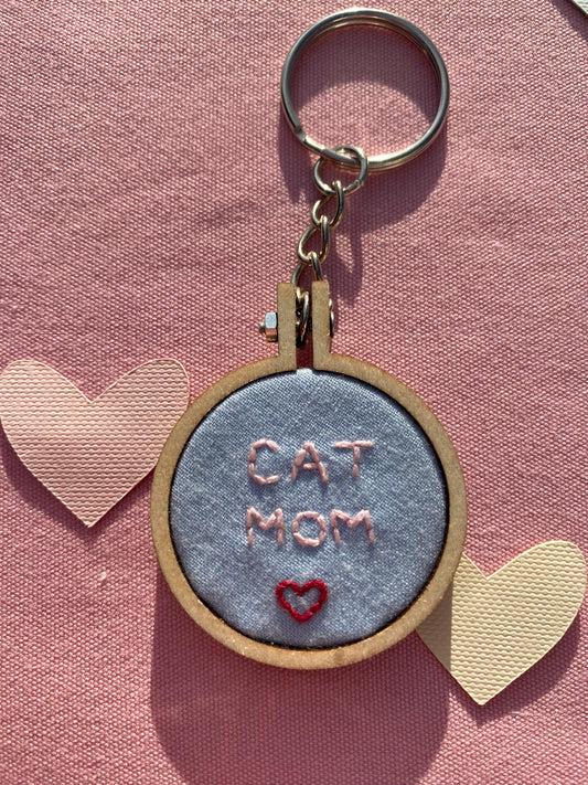 'Cat Mom' Hand Embroidered Keyring