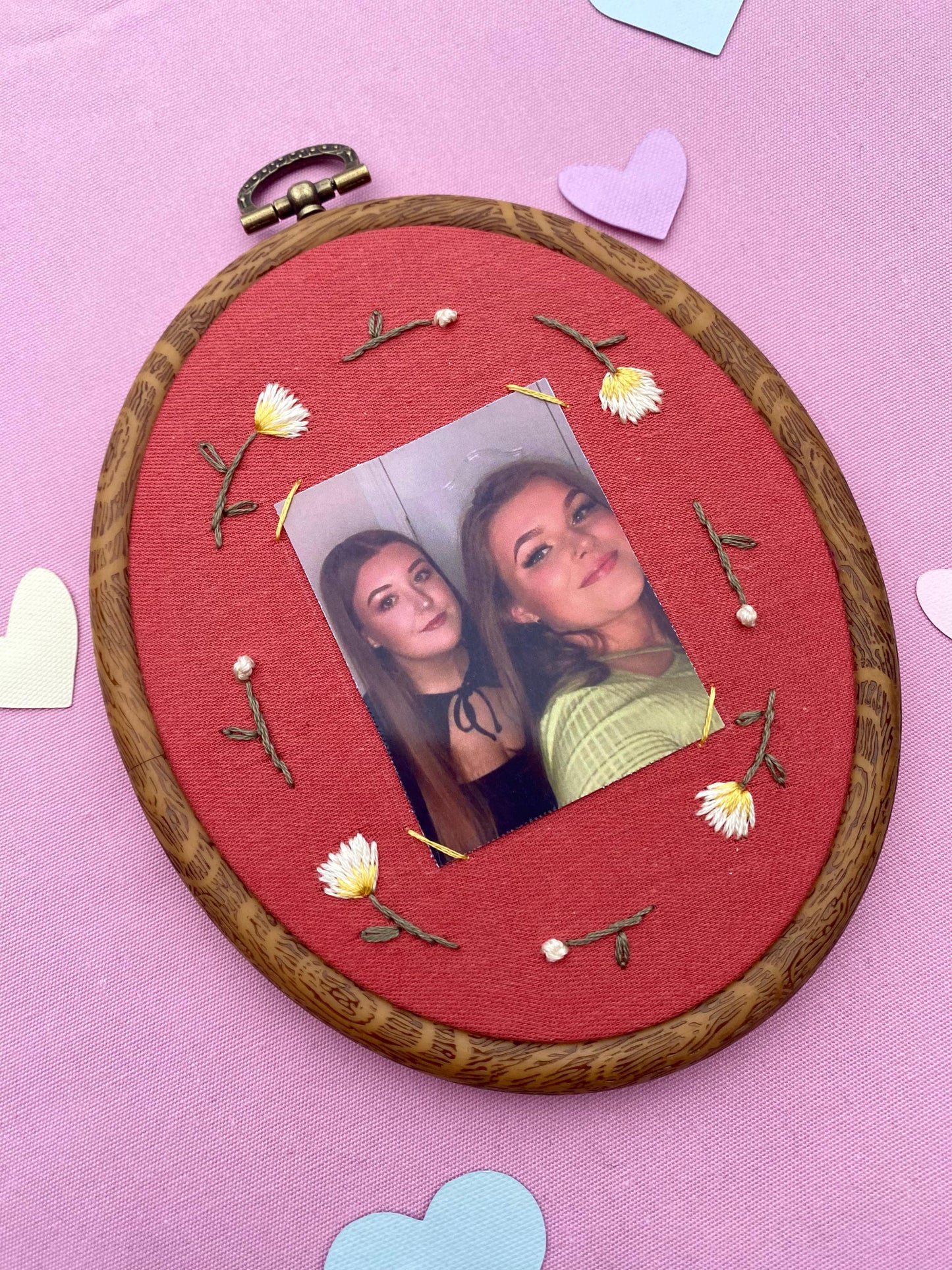 Hand Embroidered Photo Frame - Oval Shape - Yellow Flowers