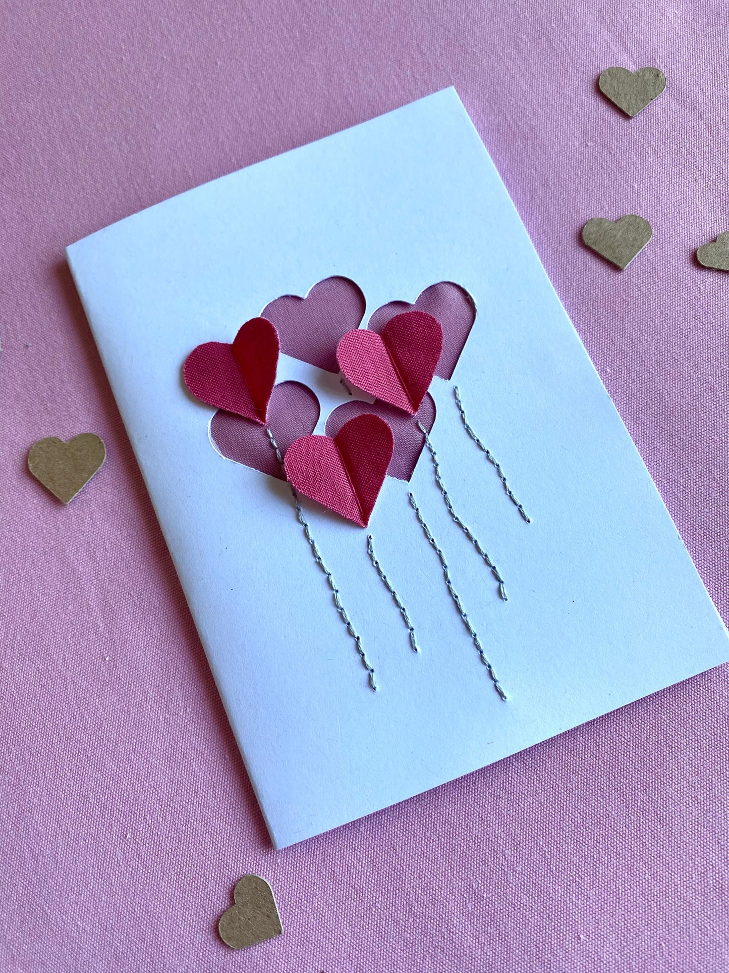 Hand Embroidered Card - Heart Balloons - White