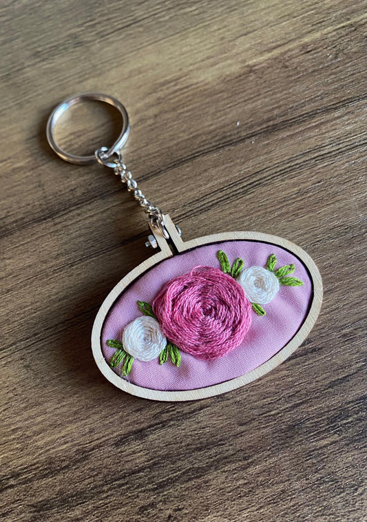 Hand Embroidered Keyring - Pink & White Roses