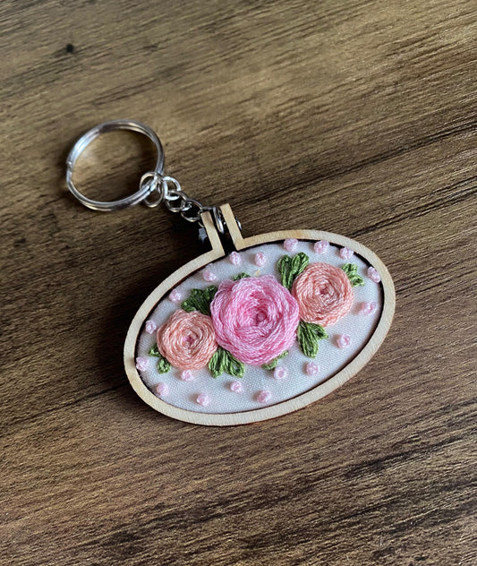 Hand Embroidered Keyring - Pink & Peach Roses