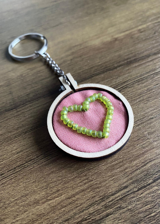 Hand Embroidered Keyring - Matte Green Heart