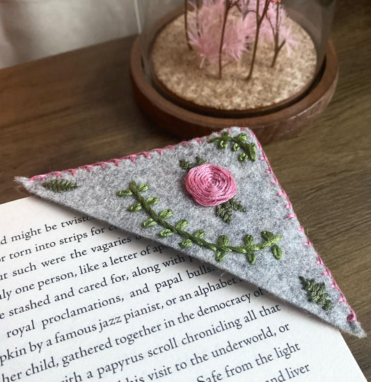 Hand Embroidered Bookmark - Grey Floral