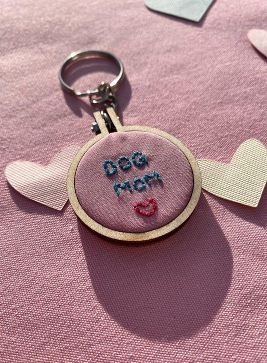 'Dog Mom' Hand Embroidered Keyring