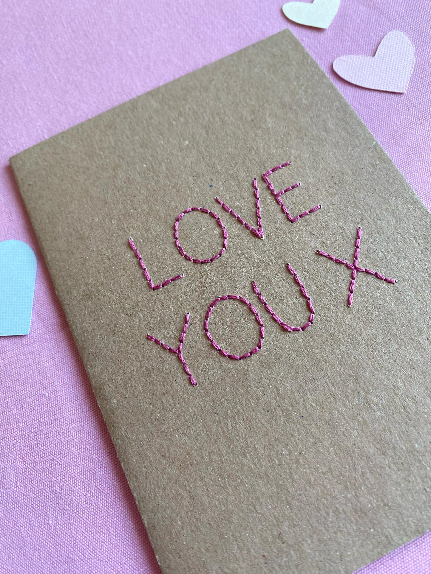 Hand Embroidered Card - Love You - Brown