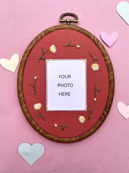 Hand Embroidered Photo Frame - Oval Shape - Yellow Flowers