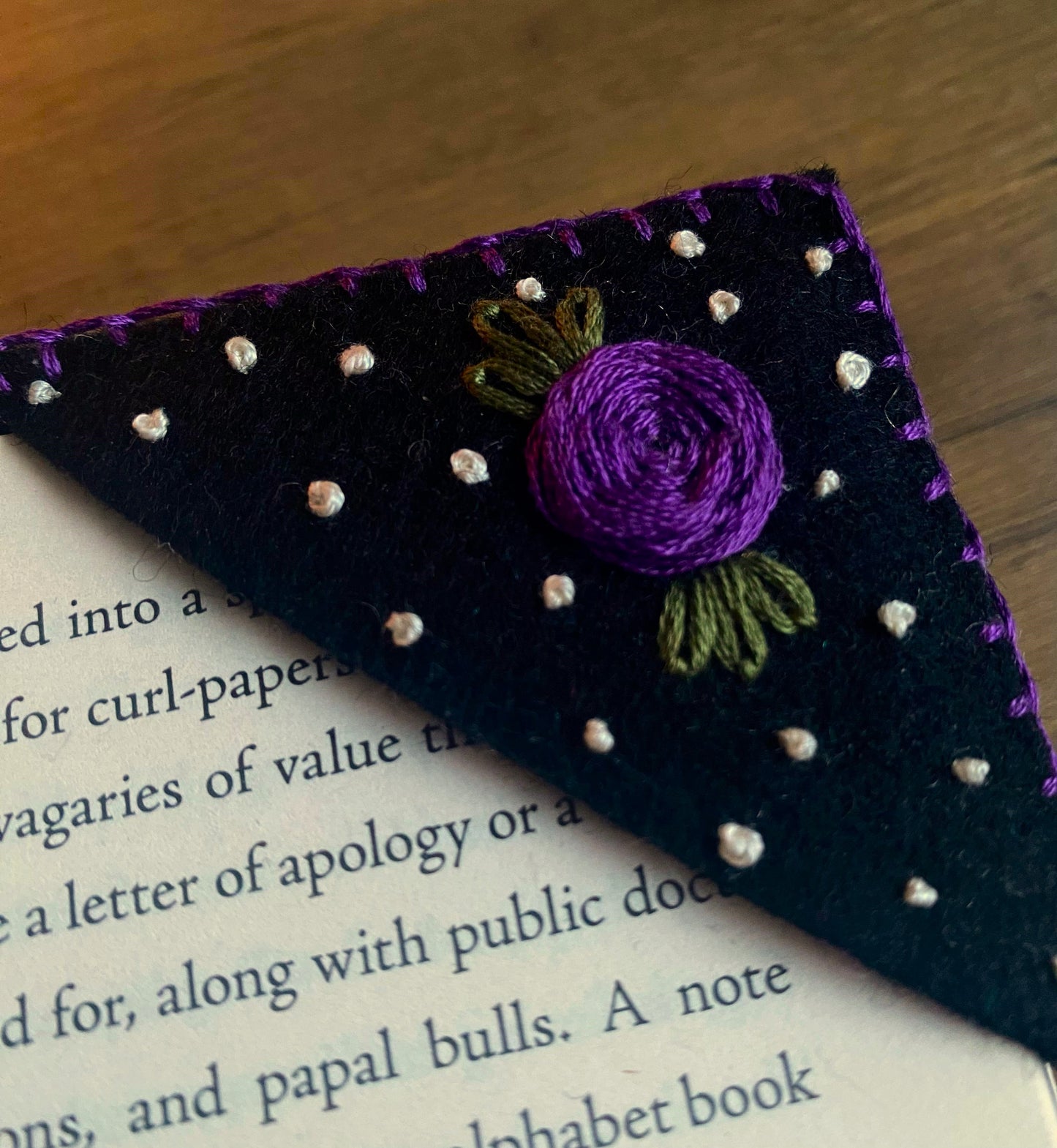 Hand Embroidered Bookmark - Black Floral