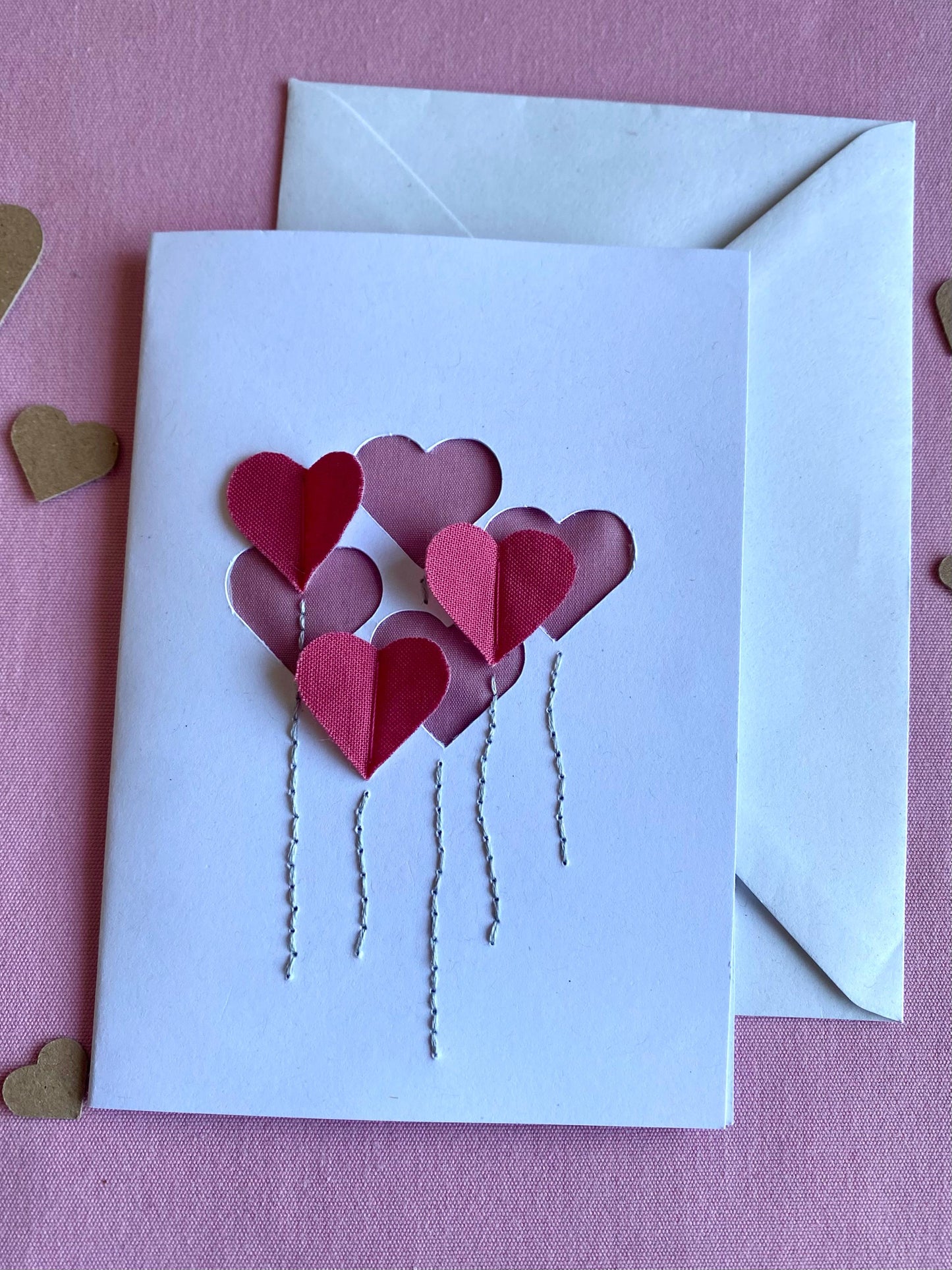 Hand Embroidered Card - Heart Balloons - White