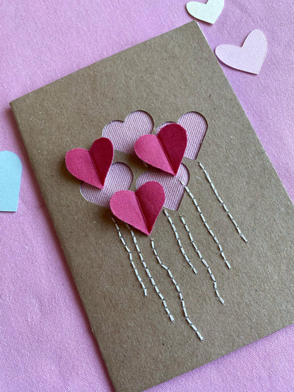 Hand Embroidered Card - Heart Balloons - Brown