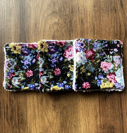 Black Floral - Up-Cycled Fabric Reusable Cleansing Pads - Pack of 3 or 6