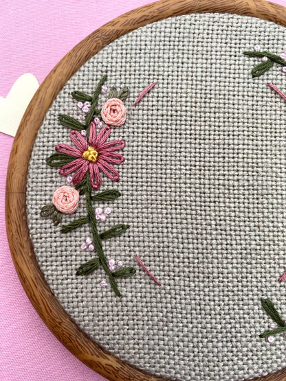 Hand Embroidered Photo Frame - Circle Shape - Pink Flowers