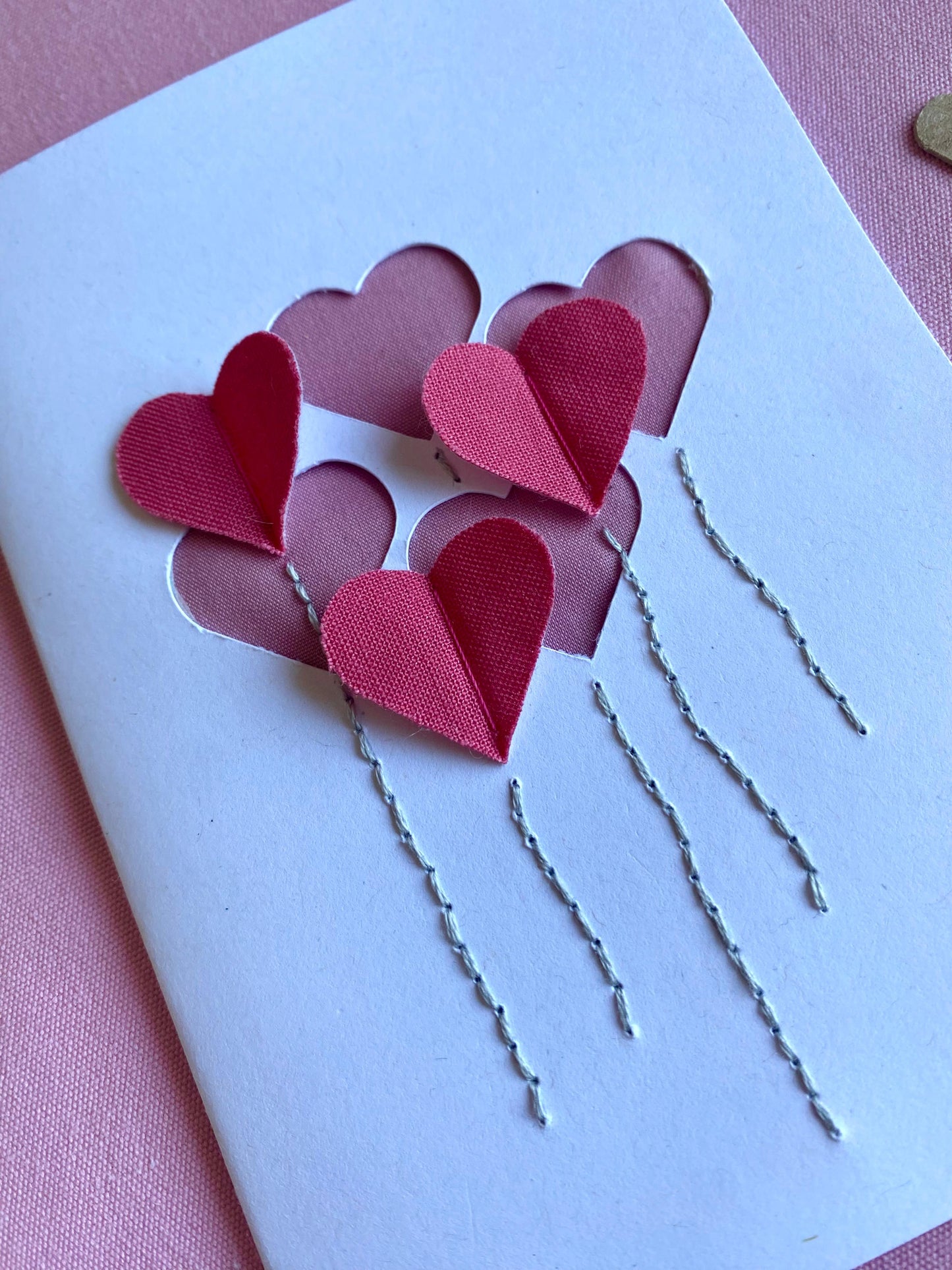 Hand Embroidered Card - Heart Balloons - White