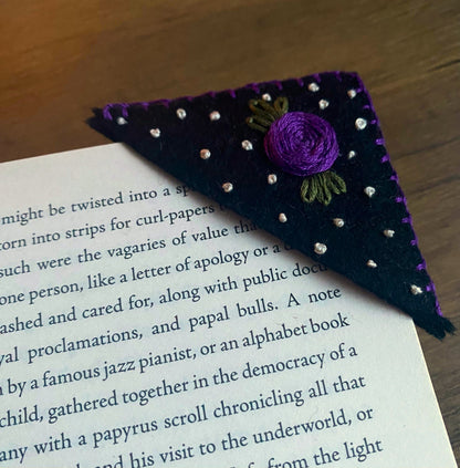 Hand Embroidered Bookmark - Black Floral