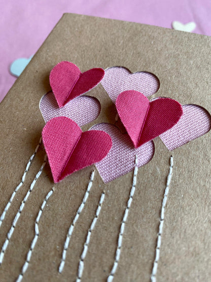 Hand Embroidered Card - Heart Balloons - Brown