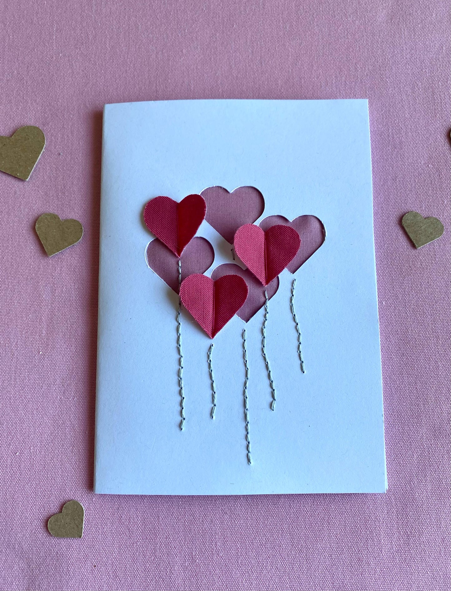 Hand Embroidered Card - Heart Balloons - White