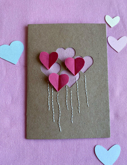 Hand Embroidered Card - Heart Balloons - Brown
