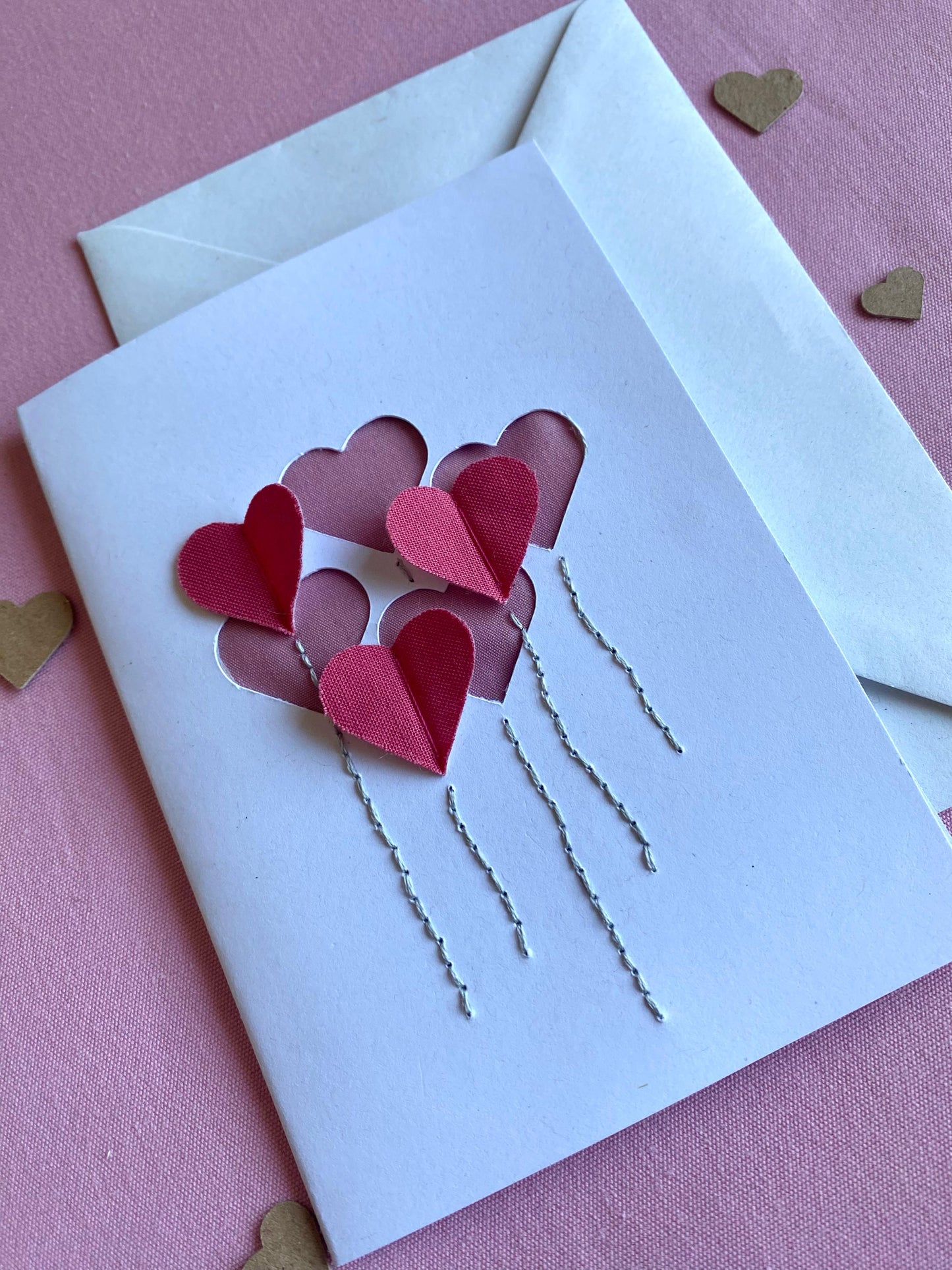 Hand Embroidered Card - Heart Balloons - White