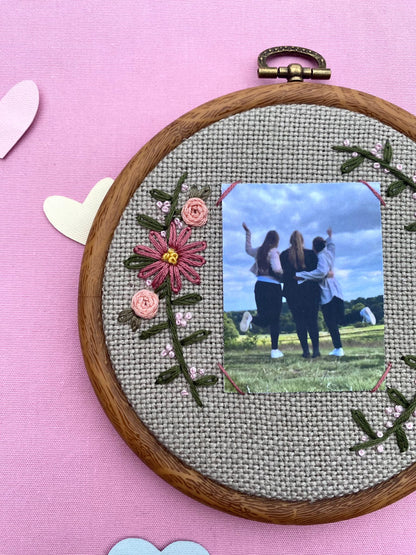 Hand Embroidered Photo Frame - Circle Shape - Pink Flowers