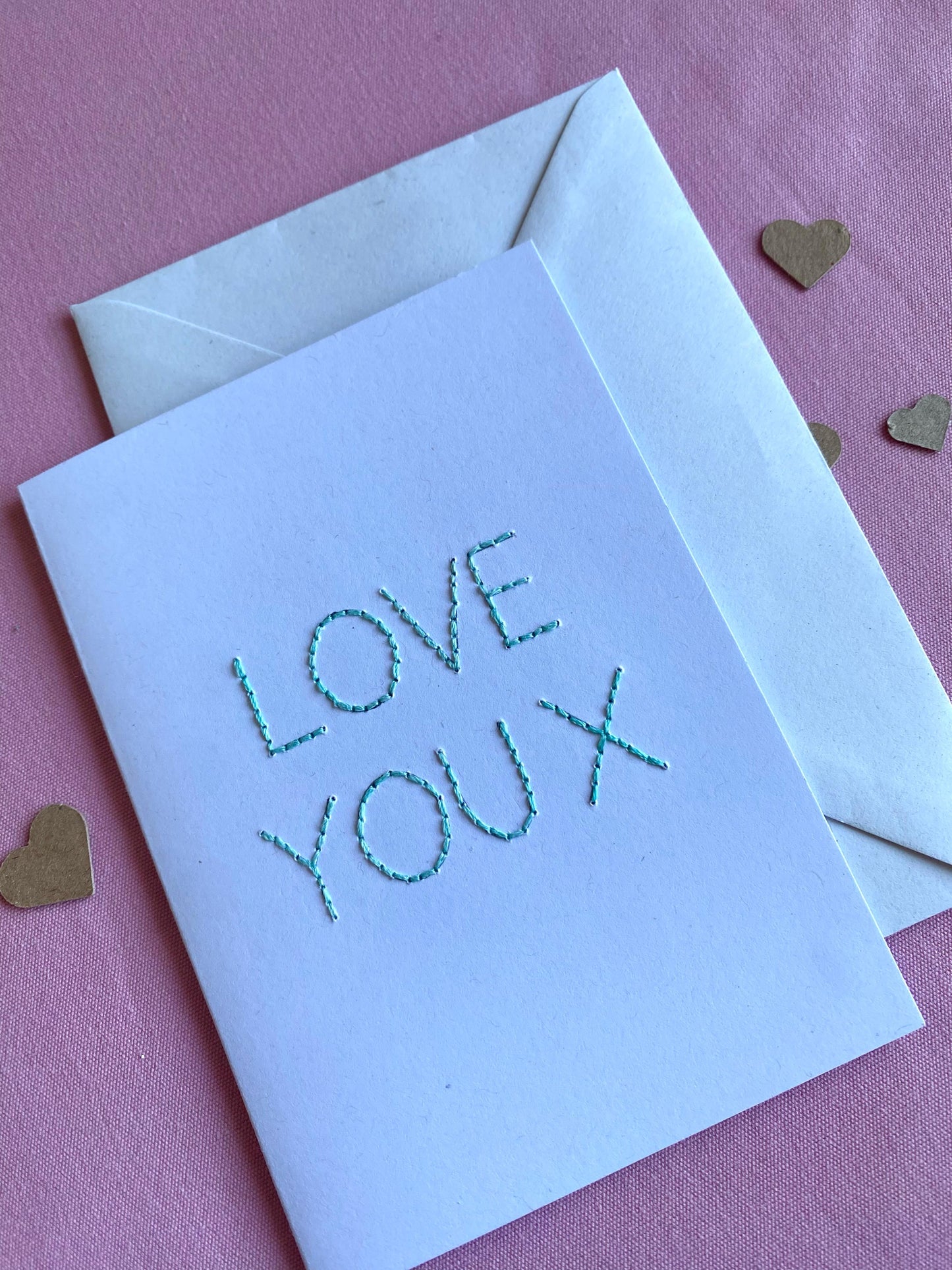 Hand Embroidered Card - Love You - White