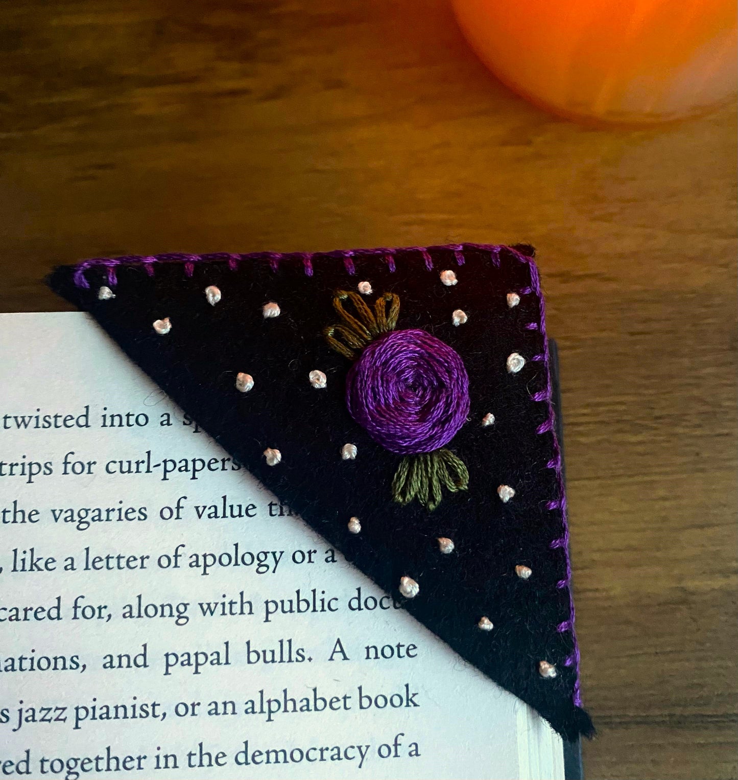 Hand Embroidered Bookmark - Black Floral