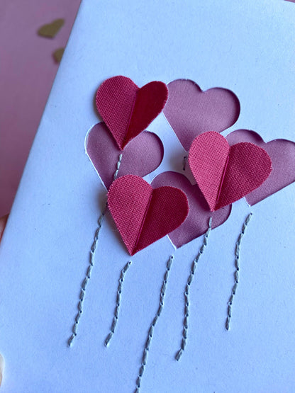 Hand Embroidered Card - Heart Balloons - White