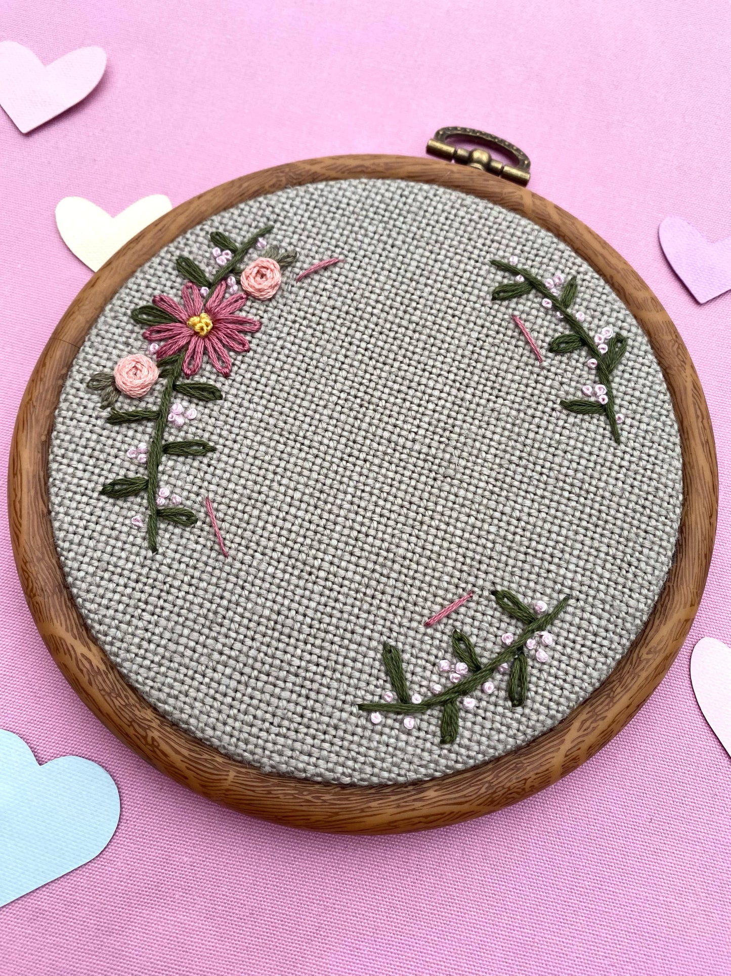 Hand Embroidered Photo Frame - Circle Shape - Pink Flowers